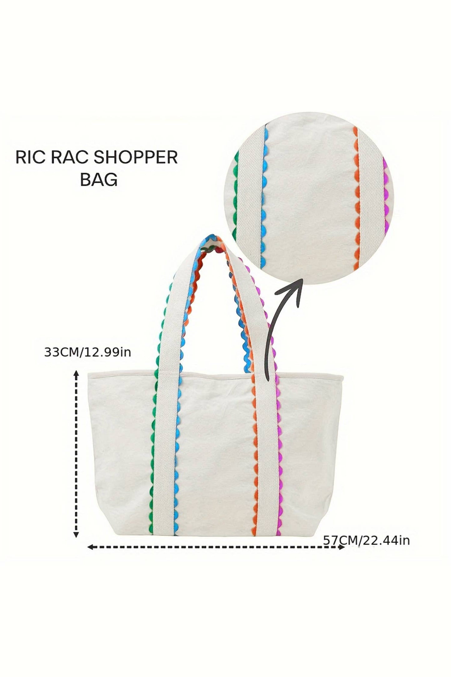 Colorful Ricrac-Trimmed Canvas Everyday Tote Bag