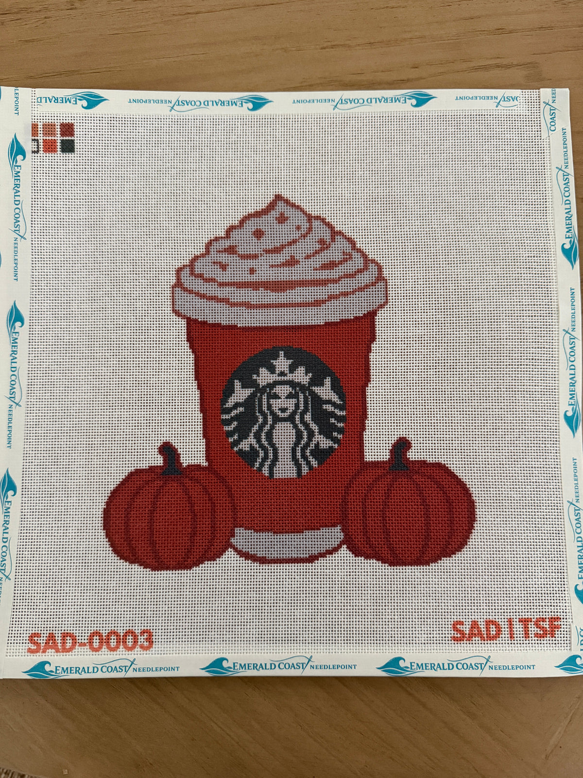 Starbucks Pumpkin Spice Latte needlepoint canvas, 18 mesh, 7x7 stitched area
